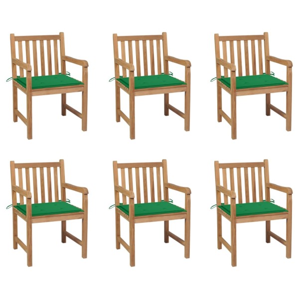 Garden chairs with green cushions, 6 pcs., solid teak