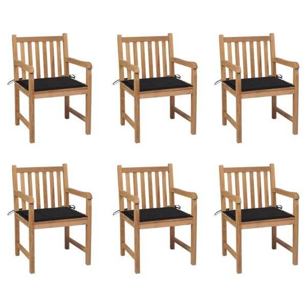 Garden chairs with black cushions, 6 pcs., solid teak