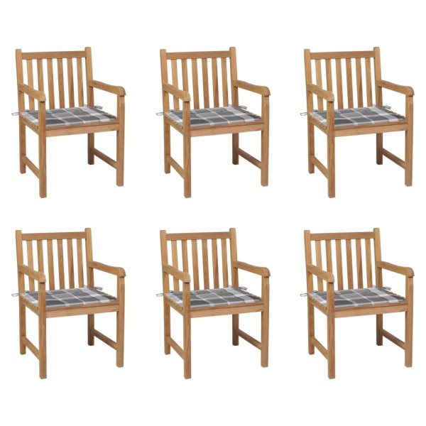 Garden chairs with checkered cushions, 6 pcs., teak