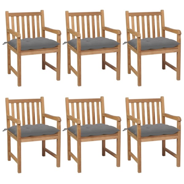 Garden chairs with gray cushions, 6 pcs., solid teak