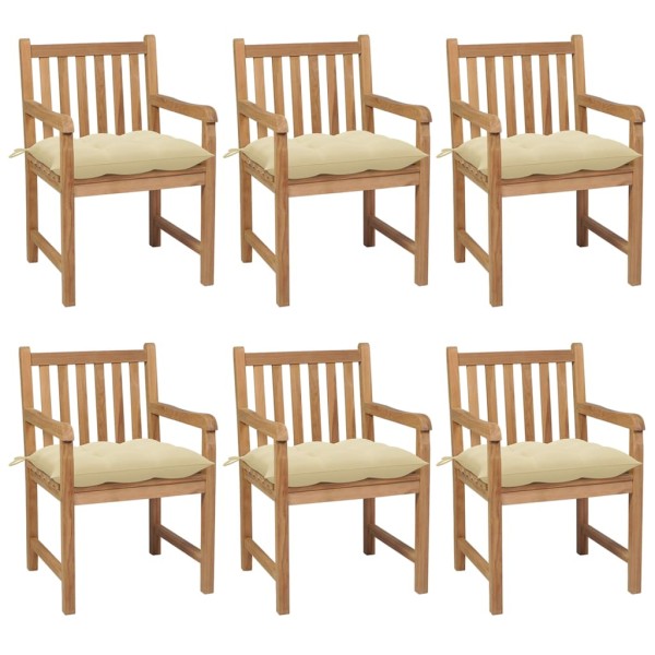 Garden chairs with cream cushions, 6 pcs., solid teak