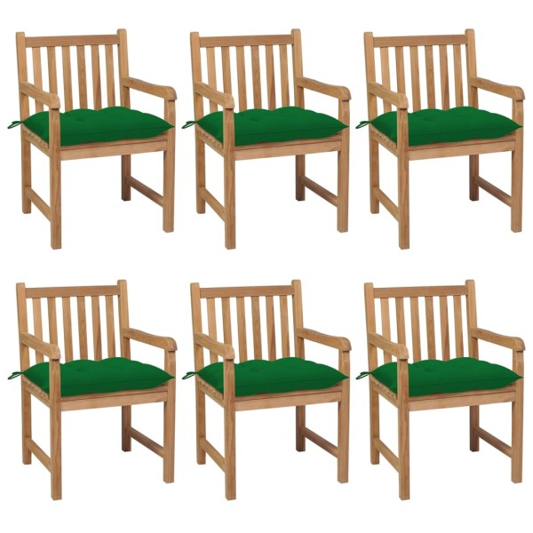 Garden chairs with green cushions, 6 pcs., solid teak