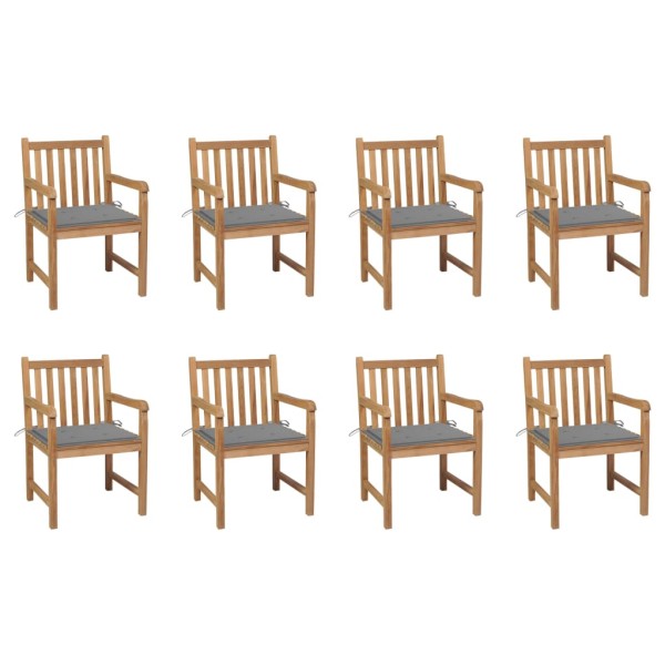 Garden chairs with gray cushions, 8 pcs., solid teak