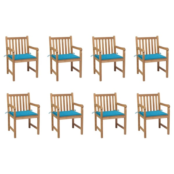 Garden chairs with blue cushions, 8 pcs., solid teak