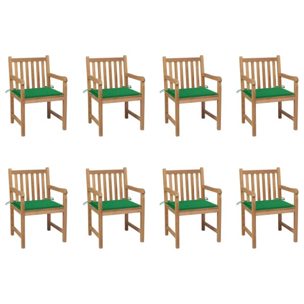 Garden chairs with green cushions, 8 pcs., solid teak
