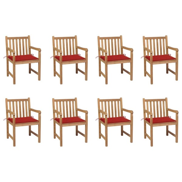 Garden chairs with red cushions, 8 pcs., solid teak