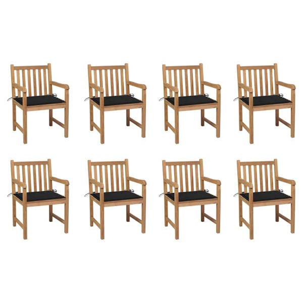 Garden chairs with black cushions, 8 pcs., solid teak