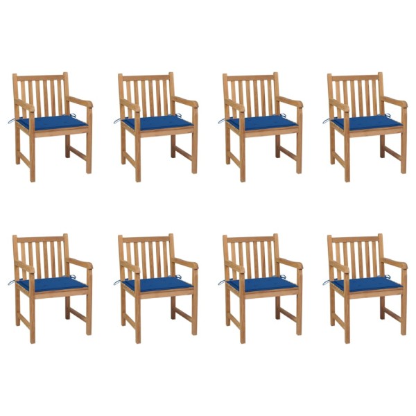 Garden chairs with blue cushions, 8 pcs., solid teak