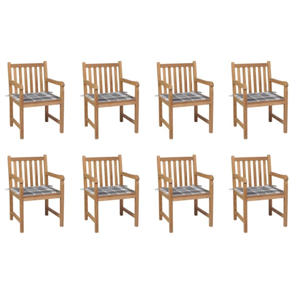 Garden chairs with checkered cushions, 8 pcs., teak