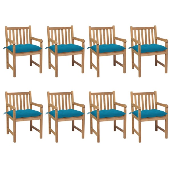 Garden chairs with light blue cushions, 8 pcs., teak