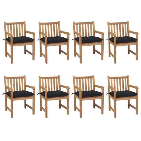 Garden chairs with black cushions, 8 pcs., solid teak