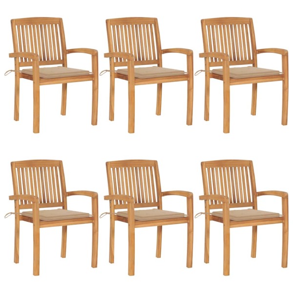 Stackable garden chairs with cushions, 6 pcs., solid teak