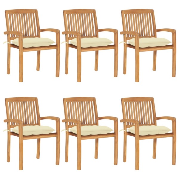 Stackable garden chairs with cushions, 6 pcs., solid teak