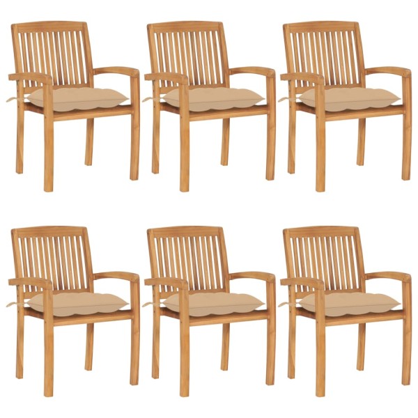 Stackable garden chairs with cushions, 6 pcs., solid teak