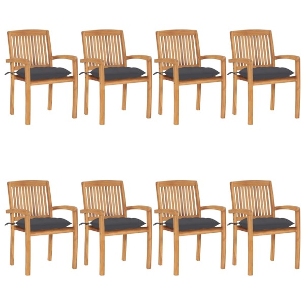 Stackable garden chairs with cushions, 8 pcs., solid teak