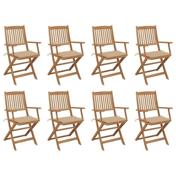 Folding outdoor chairs with cushions, 8 pcs., acacia