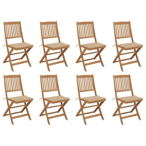 Folding outdoor chairs with cushions, 8 pcs., acacia
