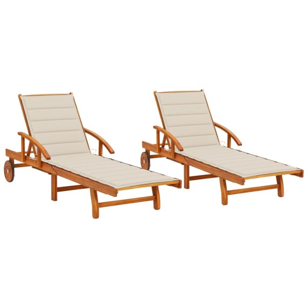 Sunbeds with mattresses, 2 pcs., solid acacia wood