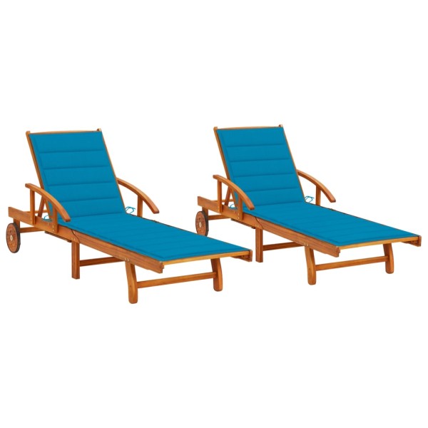 Sunbeds with mattresses, 2 pcs., solid acacia wood