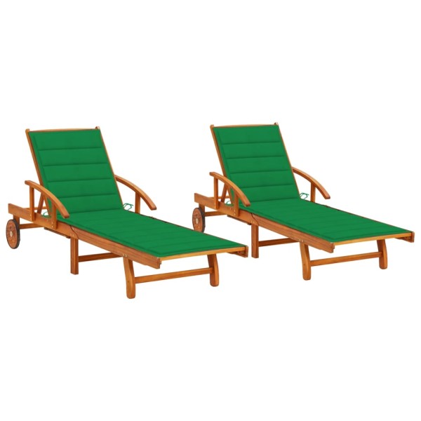 Sunbeds with mattresses, 2 pcs., solid acacia wood