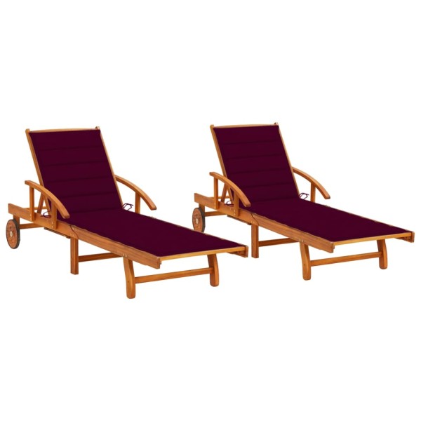 Sunbeds with mattresses, 2 pcs., solid acacia wood