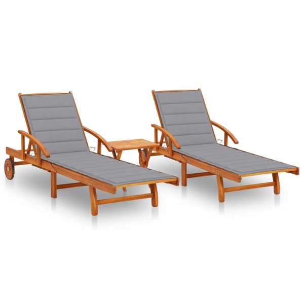 Sunbeds with table and mattresses, 2 pcs., acacia