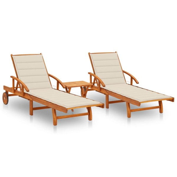 Sunbeds with table and mattresses, 2 pcs., acacia