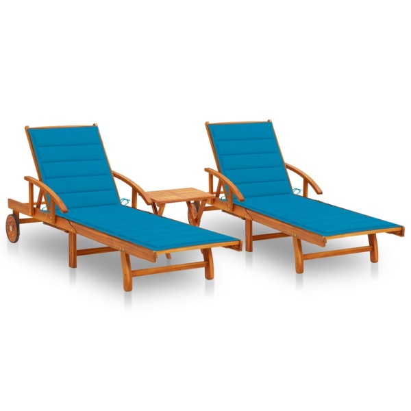 Sunbeds with table and mattresses, 2 pcs., acacia
