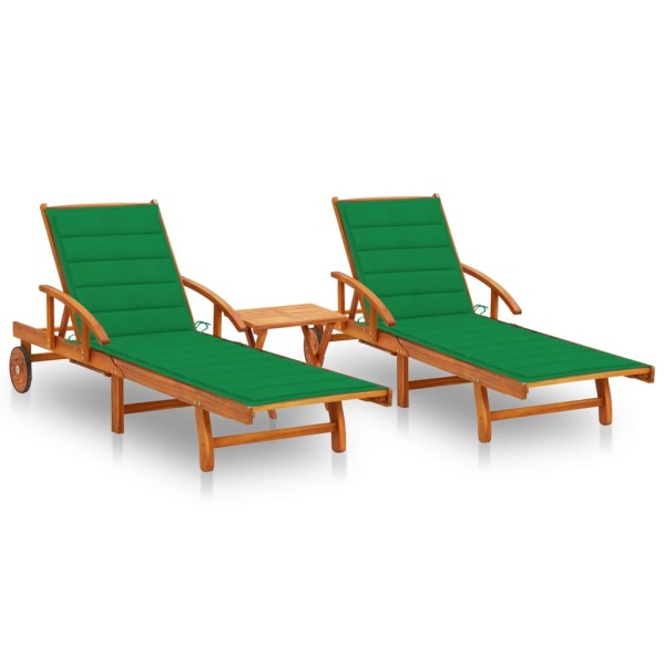 Sunbeds with table and mattresses, 2 pcs., acacia