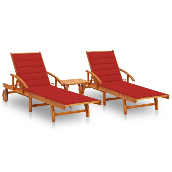 Sunbeds with table and mattresses, 2 pcs., acacia