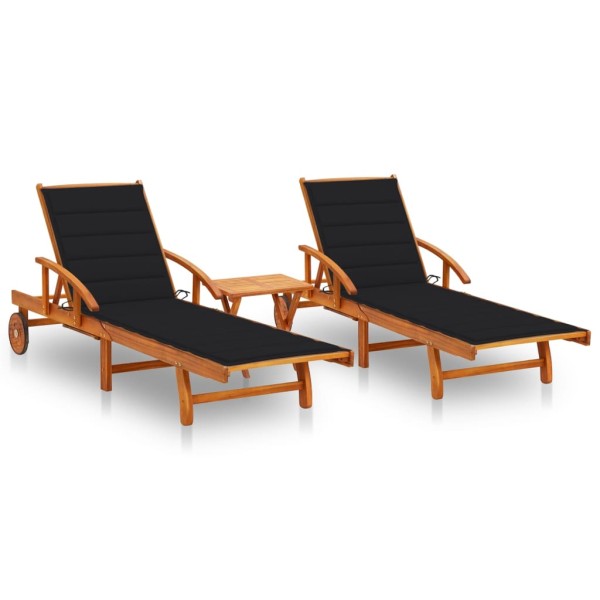 Sunbeds with table and mattresses, 2 pcs., acacia