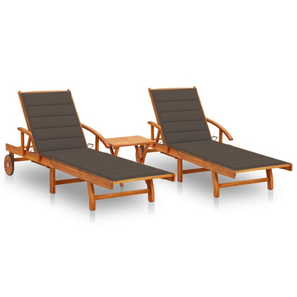 Sunbeds with table and mattresses, 2 pcs., acacia
