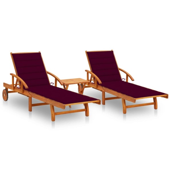 Sunbeds with table and mattresses, 2 pcs., acacia