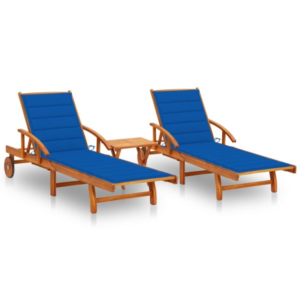 Sunbeds with table and mattresses, 2 pcs., acacia