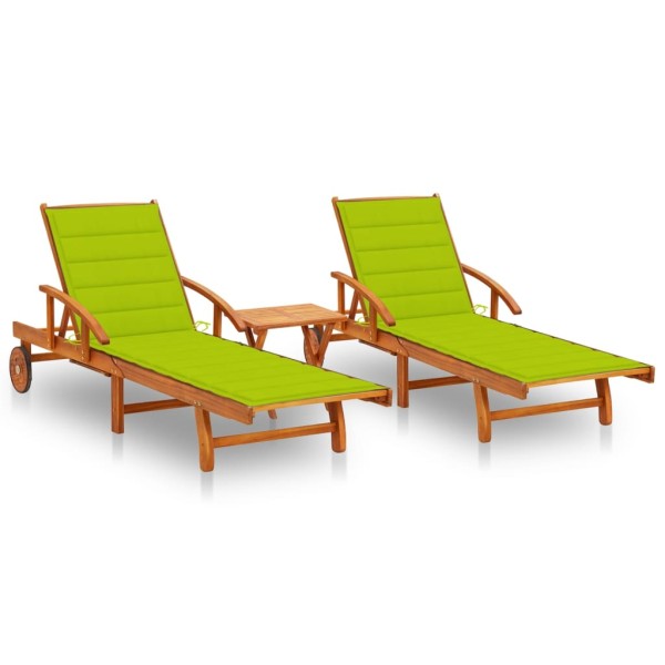 Sunbeds with table and mattresses, 2 pcs., acacia