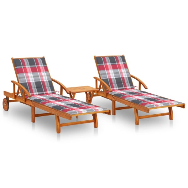 Sunbeds with table and mattresses, 2 pcs., acacia