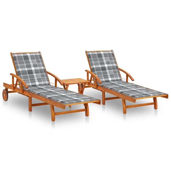 Sunbeds with table and mattresses, 2 pcs., acacia