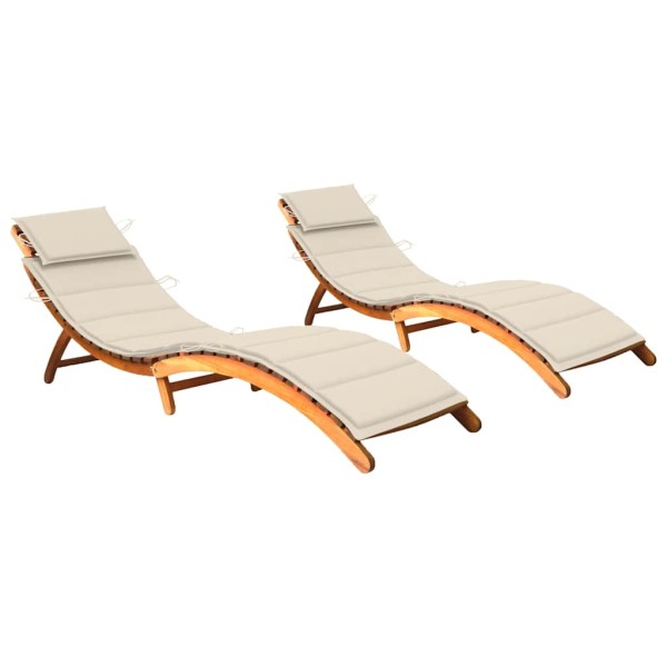 Sunbeds with mattresses, 2 pcs., solid acacia wood