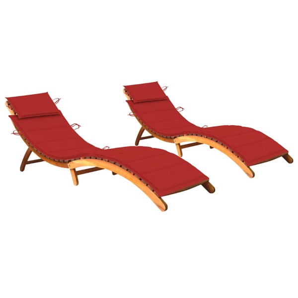 Sunbeds with mattresses, 2 pcs., solid acacia wood