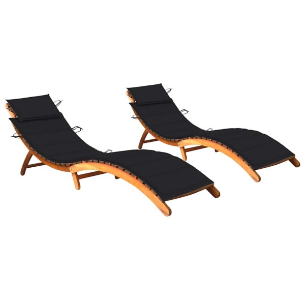Sunbeds with mattresses, 2 pcs., solid acacia wood