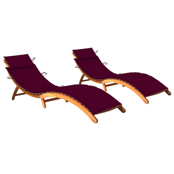 Sunbeds with mattresses, 2 pcs., solid acacia wood