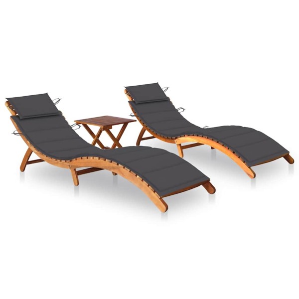 Sunbeds with table and mattresses, 2 pcs., acacia