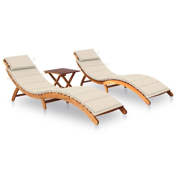 Sunbeds with table and mattresses, 2 pcs., acacia
