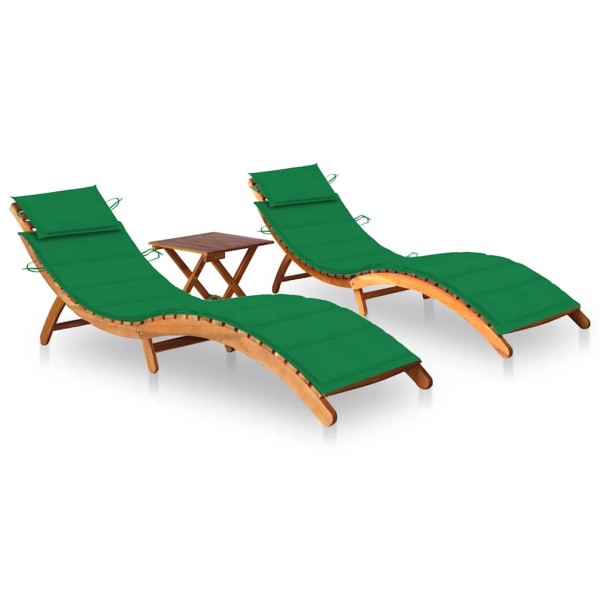 Sunbeds with table and mattresses, 2 pcs., acacia
