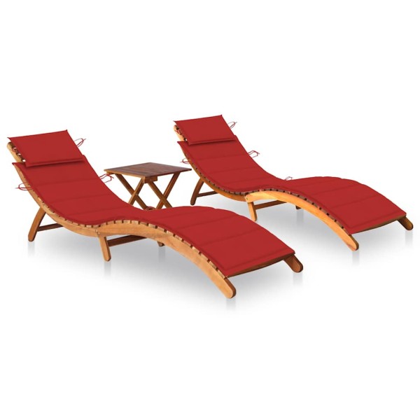 Sunbeds with table and mattresses, 2 pcs., acacia