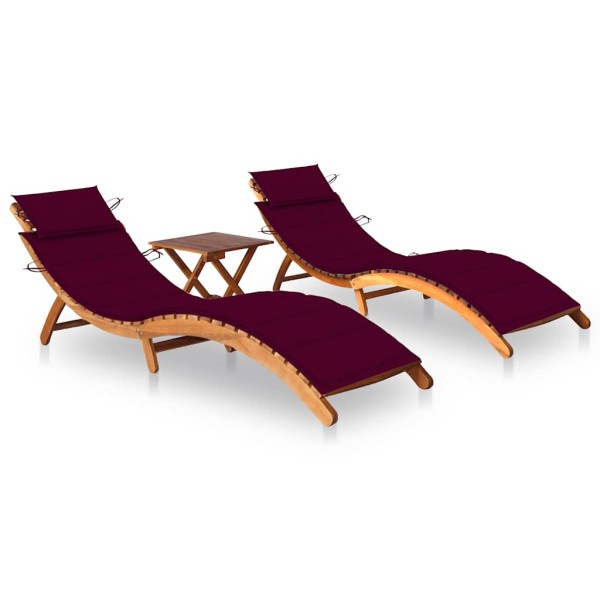 Sunbeds with table and mattresses, 2 pcs., acacia