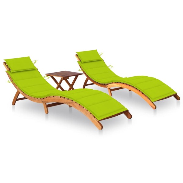 Sunbeds with table and mattresses, 2 pcs., acacia