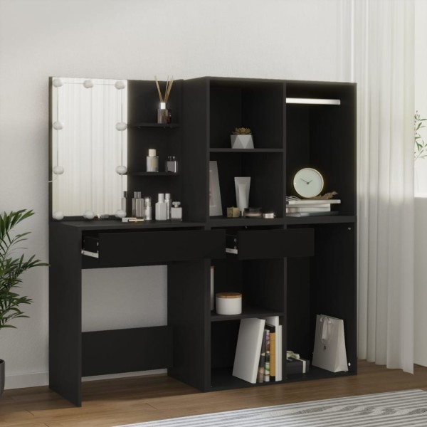Dressing table with LED/cabinets, black, wood