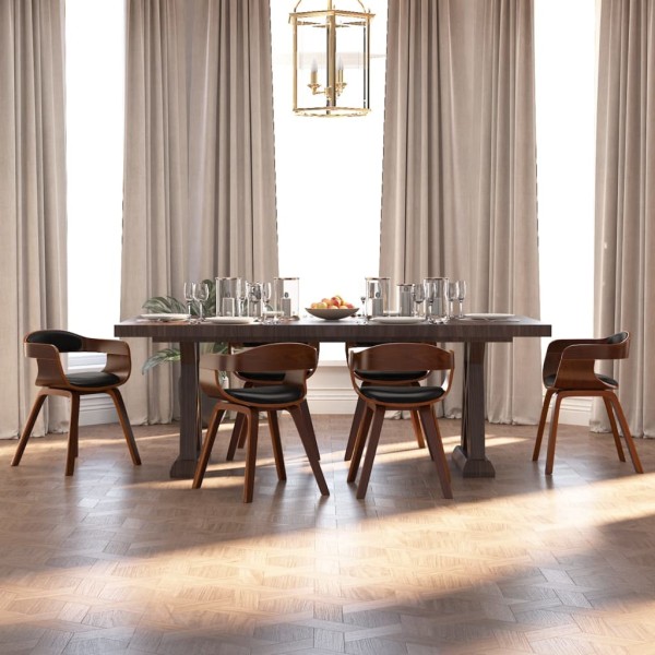 Dining room chairs, 6 pcs., black, curved wood and artificial leather