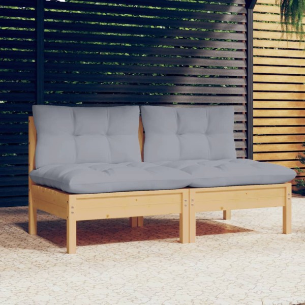 Double garden sofa with gray cushions, solid pine